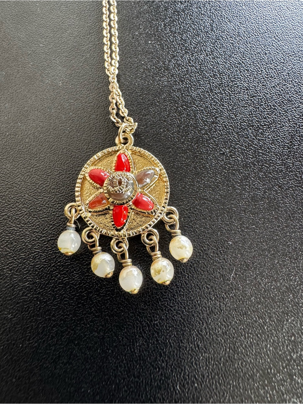 CHANEL Gripoix Gold-Tone Pendant Necklace with Red Enamel Flower and Pearl Drops - Picture 8 of 8